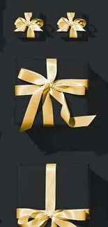 Black gift boxes with golden ribbons on a dark background.