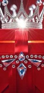 Luxurious red gift box with crown and diamonds.