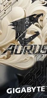 Gigabyte Aorus elegant swirl design wallpaper with cream and black tones.