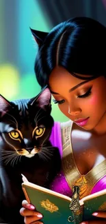 Elegant girl with cat reading book, vibrant design.