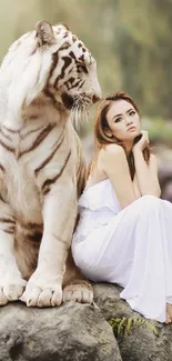 Woman in white dress sitting with a white tiger on rocks.