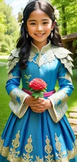 Girl in blue dress holding a red rose in a lush garden.