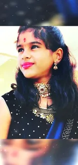 Young girl in elegant festive attire with jewelry.