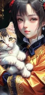 Artistic wallpaper of a girl in elegant attire holding a kitten.