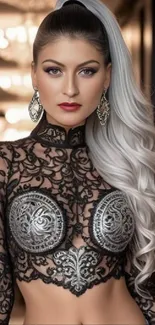 Glamorous portrait with lace clothing and flowing silver hair in an elegant style.