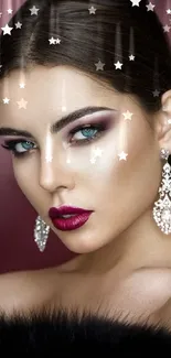 Elegant woman with dramatic makeup and sparkling earrings against a burgundy backdrop.