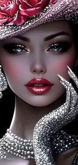 Glamorous digital portrait of a woman with sparkling attire and hat.