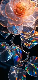 Elegant glass flower with shimmering leaves.