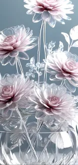 Intricate glass flower arrangement in a vase, set against a soft background.