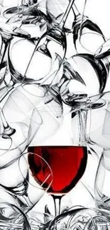 Abstract art wallpaper with red wine glass and transparent glasses.