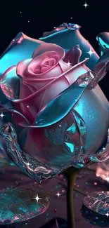 Elegant glass rose with blue and pink hues on a mobile wallpaper.