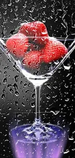 Elegant martini glass with strawberries and rain.