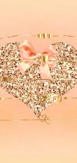 Peach wallpaper with glitter heart and pink bow.