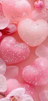 Pink glitter hearts with cherry blossoms wallpaper.