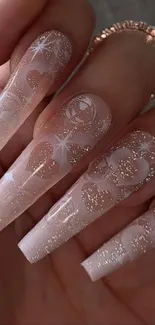 Elegant coffin-shaped glitter nails design with sparkling details.