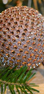 Sparkling gold ornament with green pine needles.