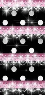 Elegant black, pink, and white polka dot wallpaper sparkling with glitter.