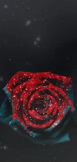 Red glitter rose on black wallpaper.