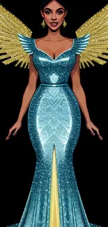 Illustration of an elegant angel in a blue glittering dress with golden wings.