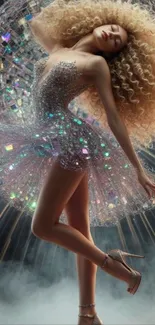 Glittering ballerina in elegant dance pose on an artistic mobile wallpaper.