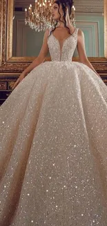 Elegant glittering ball gown in a luxurious setting.