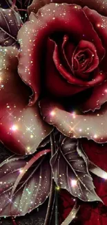 A glittery red rose on a dark, elegant background.