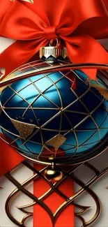 Golden globe with red ribbon and stars design wallpaper.