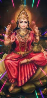 Elegant goddess in vibrant attire on dark blue background, serene and divine feel.