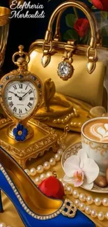 Elegant gold and blue themed wallpaper with accessories and a clock.