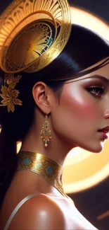 Woman with gold accents and luminous background in an elegant portrait.