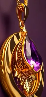 Elegant gold pendant with amethyst gemstone on purple background.