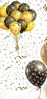 Gold and black balloons with confetti celebrate joy.