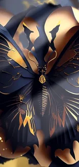 Intricate gold and black butterfly design wallpaper.