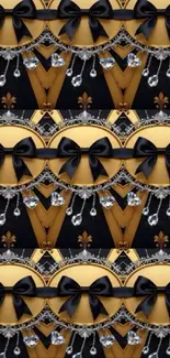 Gold and black ornate wallpaper with bows.