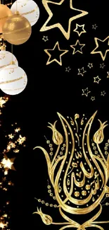 Elegant black and gold artistic wallpaper with stars and ornaments.