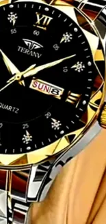 Elegant gold and black wristwatch with date display.