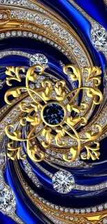 Gold and diamond swirl on blue background