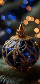 Luxurious blue and gold ornament on a festive Christmas tree with bokeh lights.