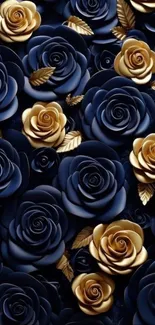 Elegant mobile wallpaper with gold and blue roses.