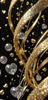 Elegant gold and diamond swirls on black background.