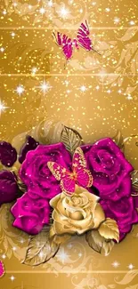 Elegant gold wallpaper with magenta roses and butterflies.