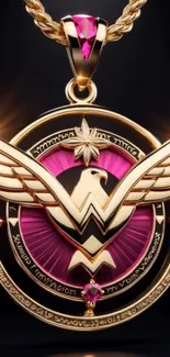 Elegant gold and pink pendant with winged design.