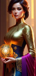 Elegant figure in gold and purple with a glowing orb, against intricate background.