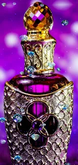 Gold and purple perfume bottle with gemstones on a purple background.