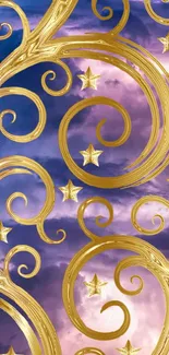 Wallpaper with golden swirls on a purple sky background, featuring star details.