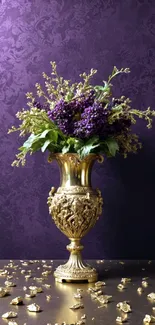 Luxurious vase with purple flowers and ornate background.