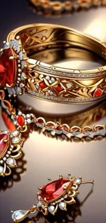 Luxurious gold jewelry with red gemstones