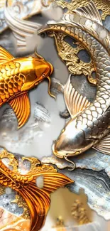 Gold and silver koi fish art wallpaper with elegant design.