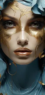 Elegant abstract face with gold accents on teal background.