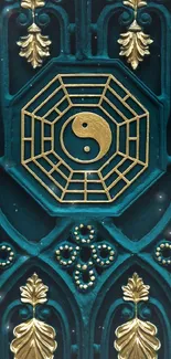 Gold and teal pattern with yin-yang symbol wallpaper.